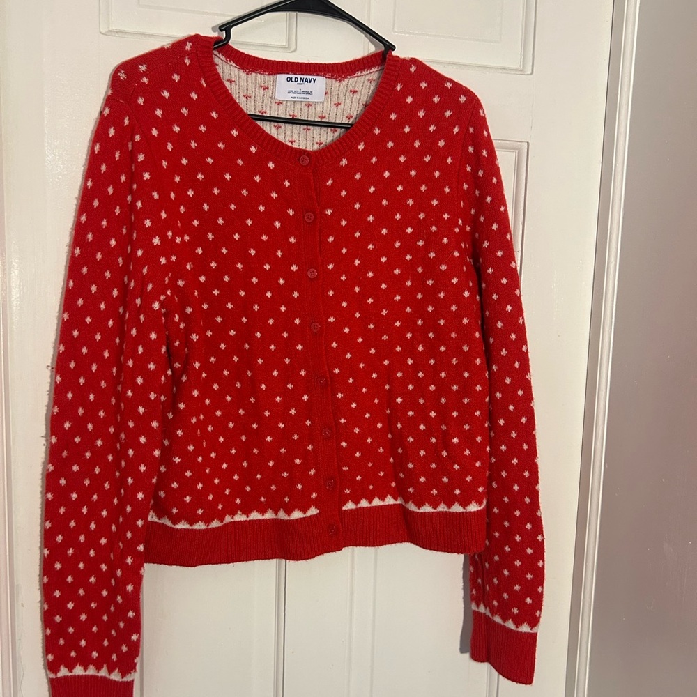 Old Navy Women's Red and White Patterned Cardigan